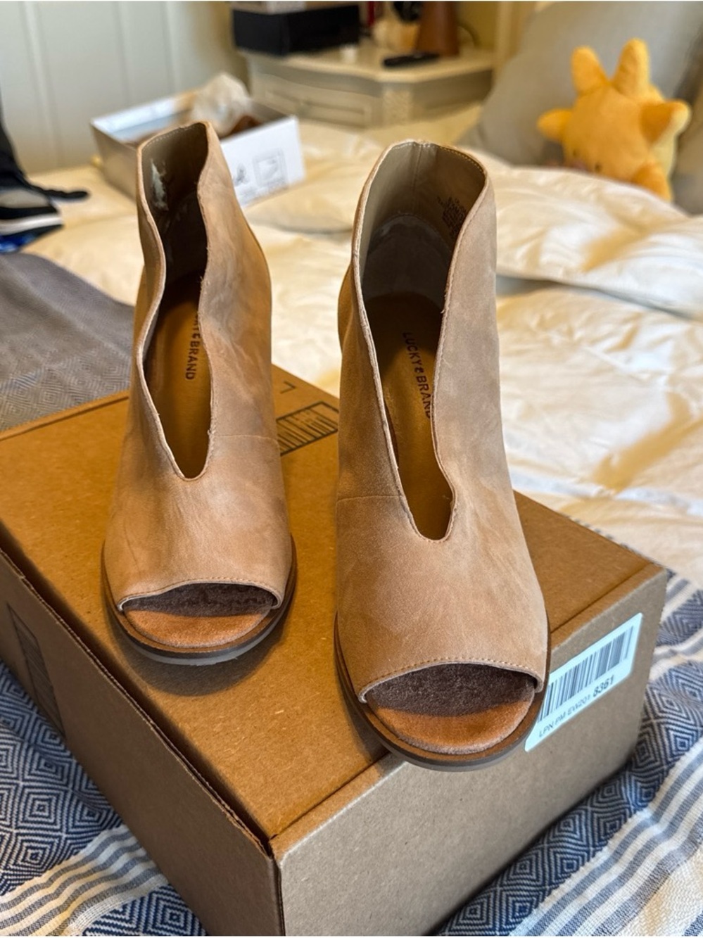 Lucky Brand Tan Suede Peep-Toe V-Cut Booties